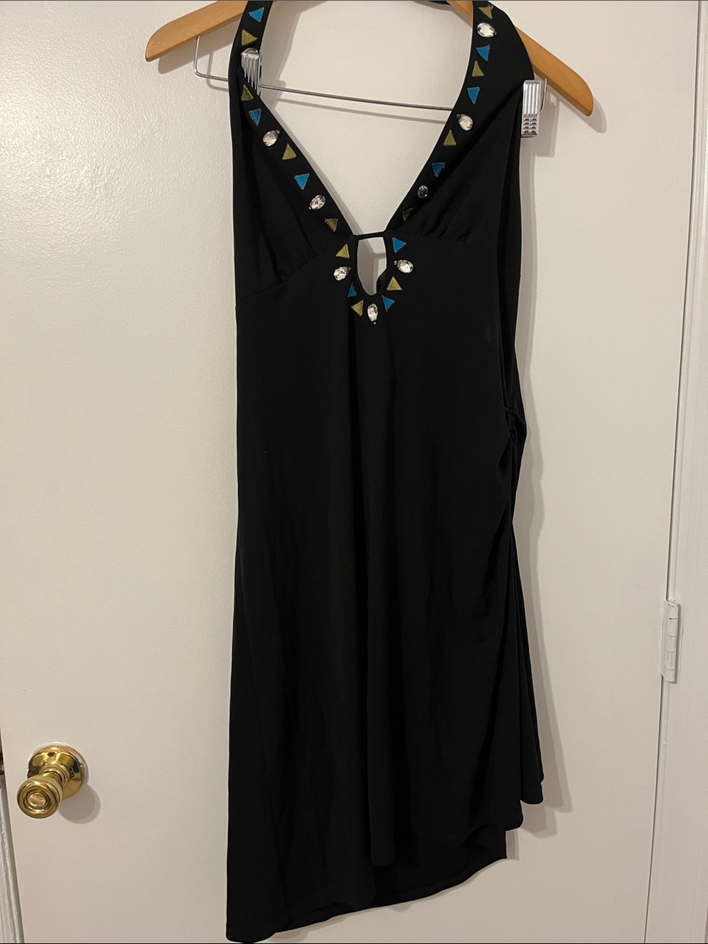 A-B-S- by Allen Schwartz Black Halter Dress with Gemstone Embellishment Neckline